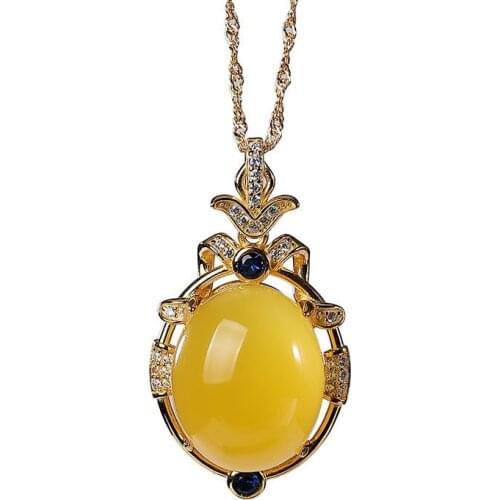 S925 sterling silver gold plated Natural Amber Beeswax Chain set Personality Temperament Light luxury Ladies Pendant