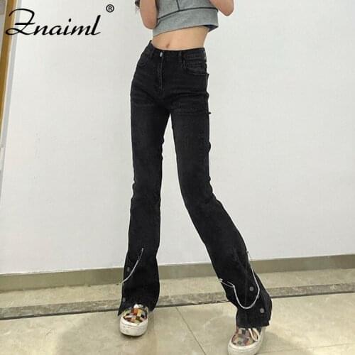 Znaiml Chic Chain Decoration Black Y2K Flare Jeans For Girls Female Fashion Womens Vintage Denim Pants High Waisted Trouser