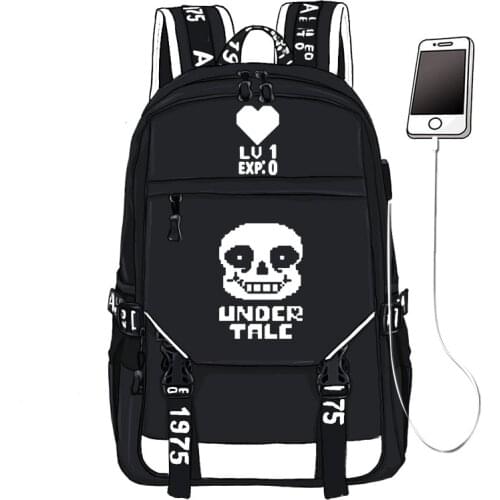 Undertale Sans Skull Printing Backpack Unisex Travel Backpack USB Interface Laptop Backpack Canvas School Book Bags