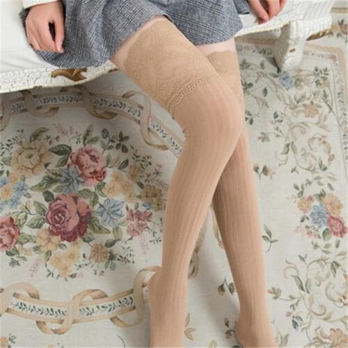 1Pair Lace Thigh Stocking Breathable High Elasticity Daily Costume Vertical Stripes Rib Knit Thigh Stocking Women