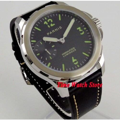 44mm Parnis mechanical mens watch sapphire glass black dial luminous 17 jewels 6497 hand winding movement 985