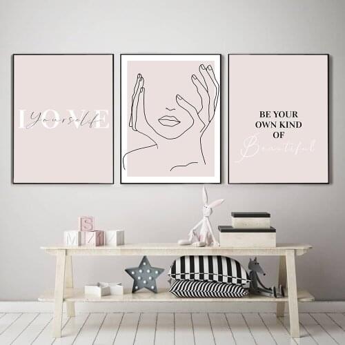 Line Face Art Print Minimalist Poster Woman Face One Line Drawing Wall Art Love yourself Quote Canvas Painting Home Room Decor