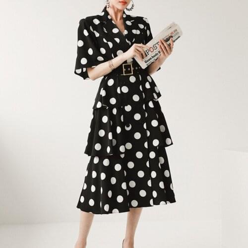 Fashion Summer Korean Vintage Short Sleeve Midi Party Dress Ladies OL Elegant Robe Casual Double breasted Sashes Dot Black Dress