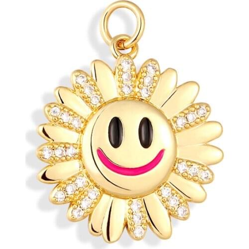 Trendy Gold Plated Sunflower Charms Copper Micro Pave Zirconia Multicolor Daisy Smiley Face Pendant for Necklace Making Women