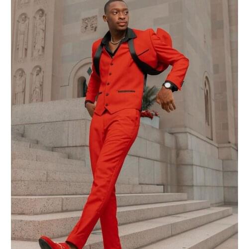 Red 3 Pieces Mens Suits With Black Lapel Party Costume Slim Fit Blazer Tuxedos Custom Made (Jacket+Pants+Vest)