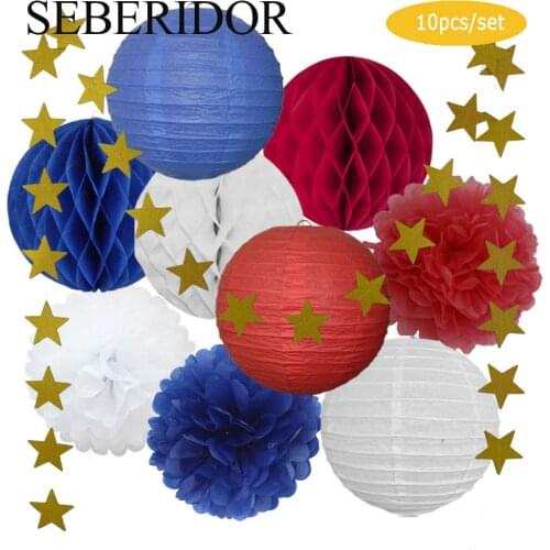 National Day Holiday Festival Decoration Blue Set Round Paper Lantern Honeycomb Tissue Pompom Boy Girl Baptism Party Favor