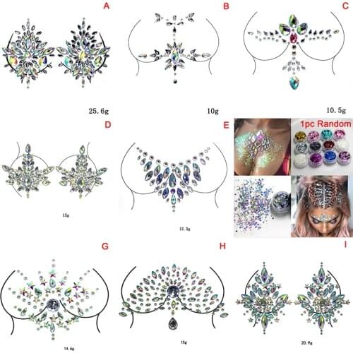 Womens Temporary Tattoos Fake Tattoo Stickers Chest Jewels Crystal Face Decoration Diamond Acrylic Rhinestone Face Stickers