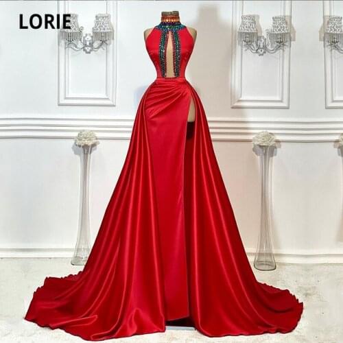 LORIE Crystal Evening Dresses New Fashion High Neck Beaded High Side Split Sexy Red Arbiac Prom Gown Satin Party Dresses 2021