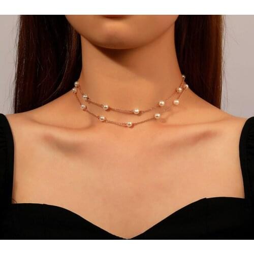 Simple Personality Double-layer Clavicle Chain Necklace Temperament Metal Copper Pearl Necklace for Women Party Jewelry Gift