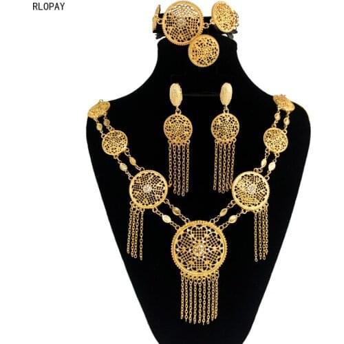 Luxury Dubai Gold Necklace/Earrings/Ring/Bracelet Bridal Sets Heart Shape Hollow Out Design Tassels Necklace Set for Women