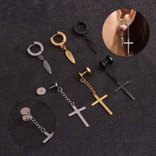 1pcs Popular Hip Hop Earring Stainless Steel Ear Piercing Jewelry Hoop Cross Feather Chain Cross Drop Dangle Earring серьги