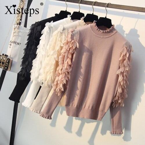 Xisteps Warm Thick Winter Women Sweater Pullover Long Lantern Sleeve Half High Collar Female Leaf Shape Patchwork Stretch