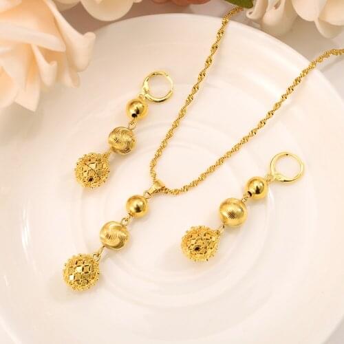African Beads Jewelry Sets Pendant Necklaces Earrings Women Gold Color Round Ball Chains wedding party gifts PNG