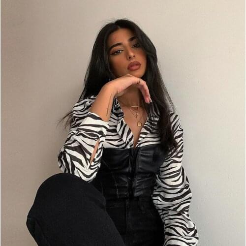 Zebra Print Blouses Leather Patchwork Single Breasted Long Sleeve Shirt Lady Fashion Party Club Outfits Casual Crop Top