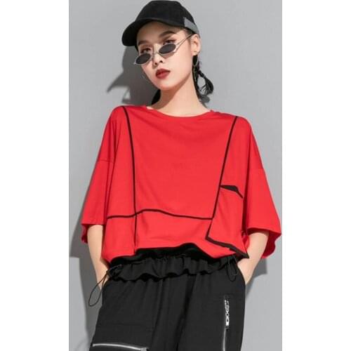Women Red Pocket Split Joint Big Size T-shirt New Round Neck Three-quarter Sleeve Fashion Tide Spring Summer 2021
