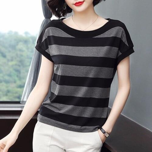 Cotton Black Striped Women Summer Loose T-Shirts 2021 Female Plus Size Short Sleeve Casual O-Neck Modal T Shirt Ladies Soft Tops