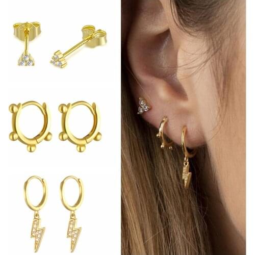 925 Sterling Silver Earrings For Women Gold Lightning Triangle Earrings Girl Ear Bone Piercing Earring Punk Round aretes