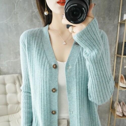 2021 Spring New Pure Wool Cardigan Women V-Neck Knitted Long-Sleeved Cashmere Sweater Outer Jacket Loose And Wild Warm Top Thick