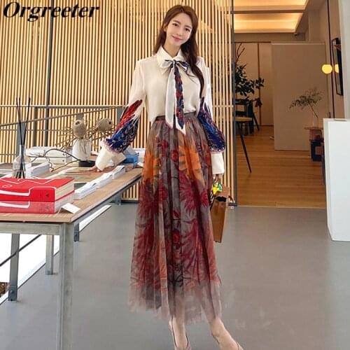 Runway Designer Fashion Fall New 2 Piece Floral Print Pleated Skirt set Women Bow Lace up Print Shirt and Mesh Skirt Suits