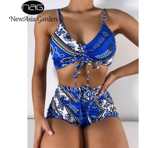 NewAsia Print Swimwear Women Tie up Drawstring High Waist Swimsuit Padding Ruched 2 Piece Set Sexy Beach Party Brazilian Bikini