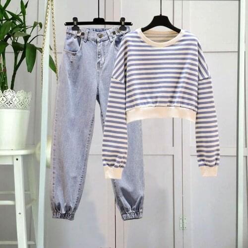 2 Piece Set Women Striped Short Sweater Womens Spring New Style Thin Daddy Pants Age Reduction Womens Sports Suit