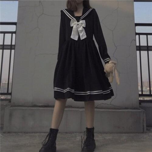 Bella 2021 Kawaii Sweet Bowknot Robes Long-Sleeve Black Knee-Length Navy JK Dress Preppy Party Women Dress Japanese Lolita Dress