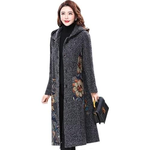 Large Size 6XL Winter New Womens Hooded Woolen Coat Loose Temperament Fashion Mid-long Outwear Ladies Printing Upscale Overcoat