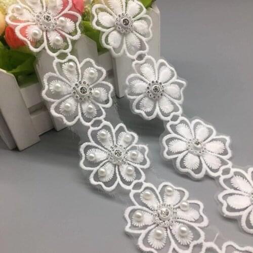 1 Yard Vintage Cotton White Flower Pearl Diamond Embroidered Lace Trim Ribbon Fabric Handmade DIY Wedding Dress Sewing Craft