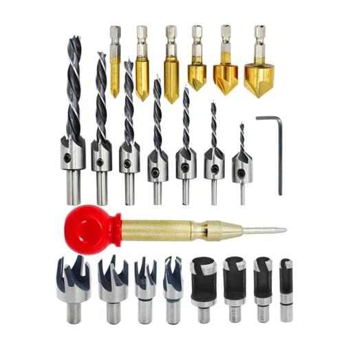 23-Pack Countersink drill with cap center punch Titanium-plated chamfering tool Cork drill Woodworking Chamfer Drilling Tool