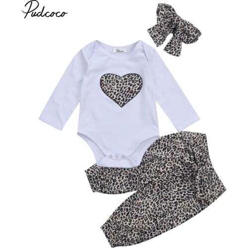 2018 Brand New Lovely Newborn Toddler Infant Baby Girl Romper +Long Floral Pants+Headband 3Pcs Outfit Leopard Heart Clothes Sets