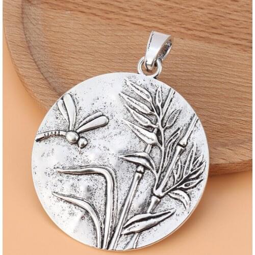 5pcs/Lot Silver Color Large Round Dragonfly & Reed Carved Charms Pendants for Necklace Jewelry Making Accessories
