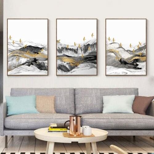 Nordic Abstract Art Landscape Gray Golden Combination Painting Wall Art Picture Canvas Poster Print For Living Room Decoration