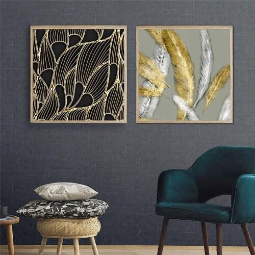 Abstract Black Golden Feather Line Posters Nordic Retro Wall Art Canvas Painting Modern Luxury Minimalism Living Room Home Decor