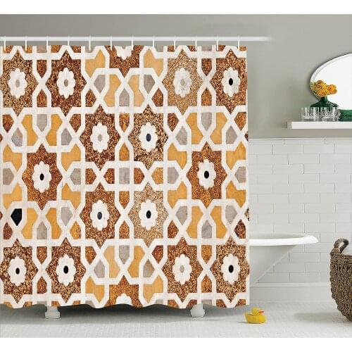 Antique Shower Curtain Detail of Inlay and Geometric Carvings Asian Taj Mahal Tomb Architecture Fabric Bathroom Decor with Hooks