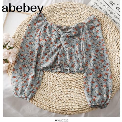 Blouses Women Retro Temperament French Slash Neck Floral Pleated Design Woman Crop Top Vintage Stretch Chiffon Femme Blusas Tops
