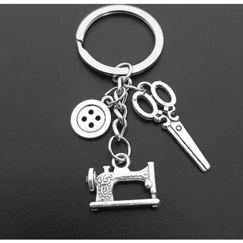 Sewing Machine Keychain, Scissors and Tape Measure Button Keychain, Tailored Keychain, Friends Fashion Gift