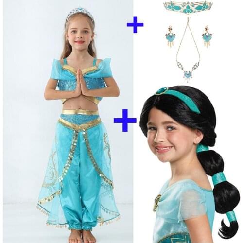 Girls Jasmine Dress Up Kids Halloween Christmas Princess Aladdin Jasmine Costume For Children Belly Dance Headband Cosplay Wigs