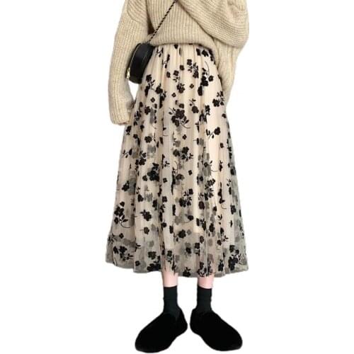 Long skirts Womens High-waisted skirt Slim Mesh Floral Pattern Pleated A-line womens skirts fashion 2021