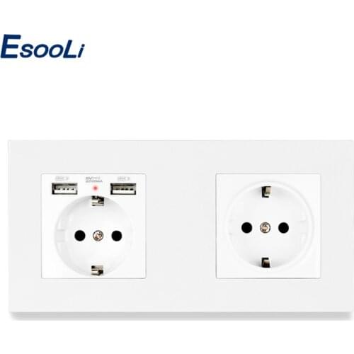 Esooli EU Standard Wall Socket Grounded With 2 USB Charge Port Hidden Soft LED + 1 Gang Wall Socket PC Panel White Black Gold