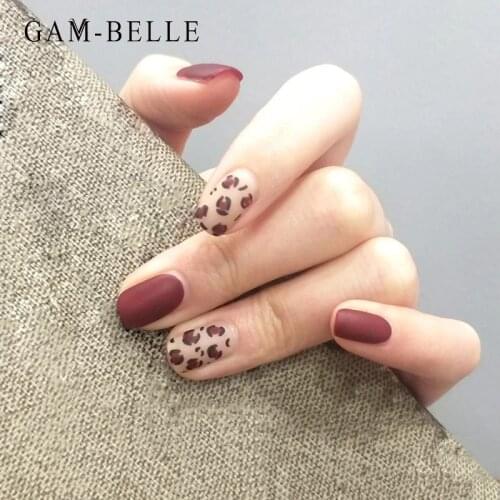 GAM-BELLE Matte Leopard Pattern False Nails Ellipse Full Cover French Fake Nails Tips With Glue DIY Manicure Nail Art Tools