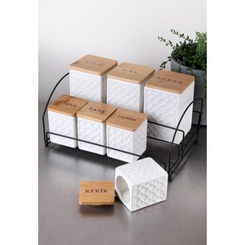 Gönül 8 Piece Ceramic Spice Set G-1925 kitchen mother seasoning set salt and pepper shaker tableware wooden bamboo