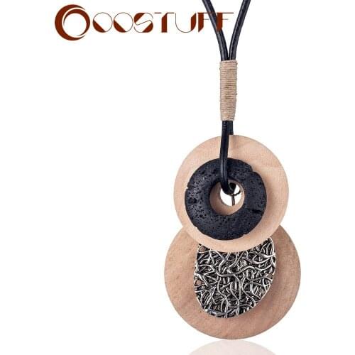 Leather Long necklace for Women Black Lava Stone Wooden Pendants Jewelry necklaces & pendants Chokers Jewellery Suspension 2020