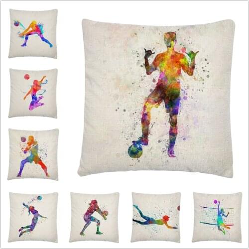 Volleyball Football Watercolor Pattern Linen Cushion Cover Pillowcase Home Sofa Car Decoration Pillowcase 45X45Cm
