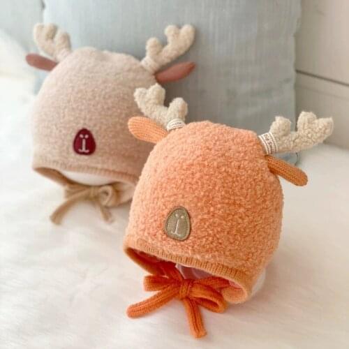 NEW Toddler Kids Baby Winter Warm Knitted Crochet Earflap Cute antlers Beanie Hat Boy Girl Cap Wool Cute Solid Color Ball Cap