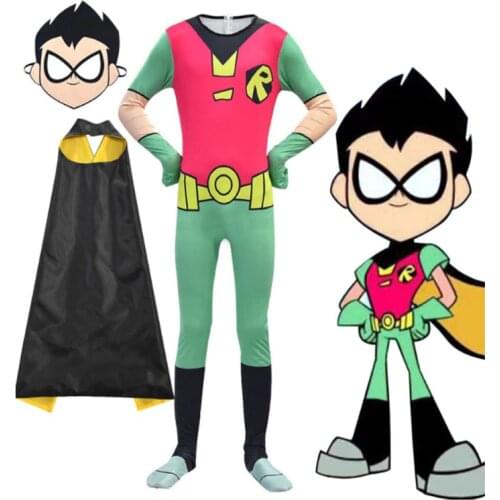 New Teen Titans Go Robin Cosplay Costume 3D Kids Jumpsuit Zentai Suit Cloak Birthday Party Halloween Costume For Boys Girls