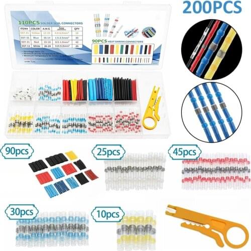 New 90Pcs Heat Shrink Tubing + 110Pcs Butt Connector Wire Cable Insulated Crimp Terminal Connector Set For Automobile And Ship