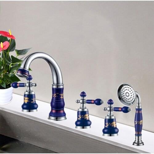 New brass Chrome and porcelain 5 pcs Deck-Mounted bathroom bathtub faucet set with shower head Tub Filler Faucet Mixer Tap