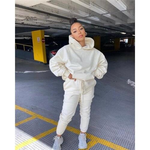 Solid Womens Set Hooded Sweatshirt Jogger Pants Tracksuit Matching Two Pieces Suit Autumn Winter Casual Outfits