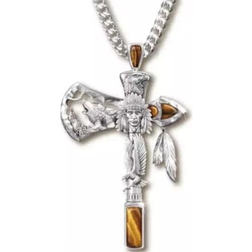 Punk Silver Color Cross Necklace for Men And Women Indians Axe Eagle Wolf Head Pendant Necklace Creative Jewelry