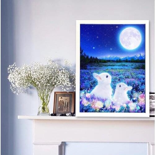 Full 5D Diy Square Diamond Embroidery Mosaic Rhinestone Gift Paintings Cute Rabbit Moon Scenery Picture Home Handmade Decoration